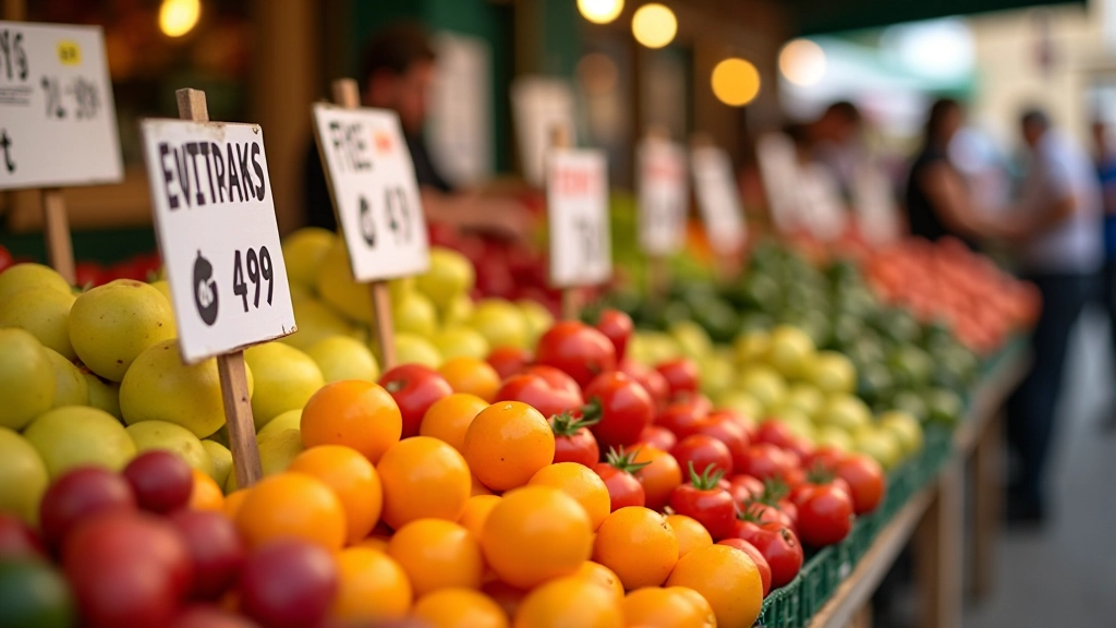 Marché provençal de Montpellier avec étals de fruits et légumes, prix affichés