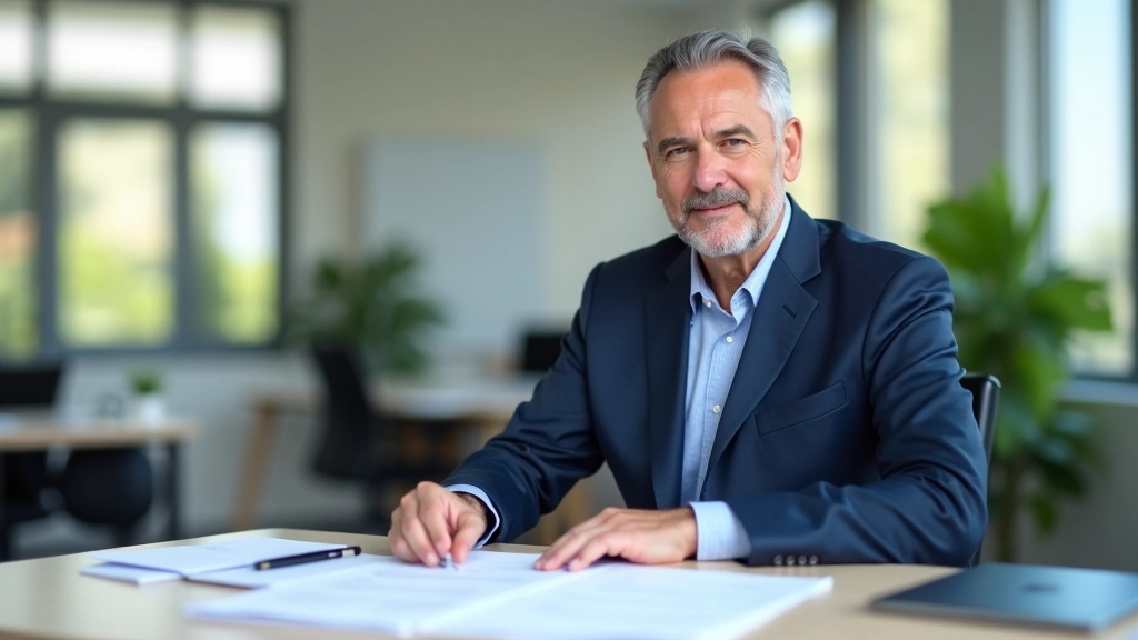 Bureau de conseiller financier avec plusieurs portefeuilles d'investissement étalés, calculatrice et stylo, lumière naturelle
