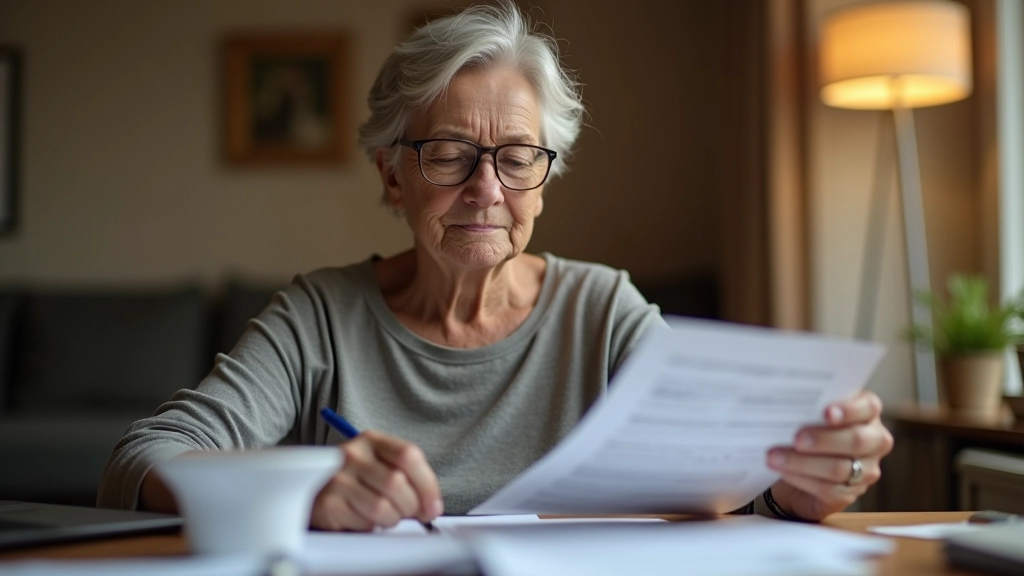 Personne âgée regardant des relevés bancaires et factures à la maison