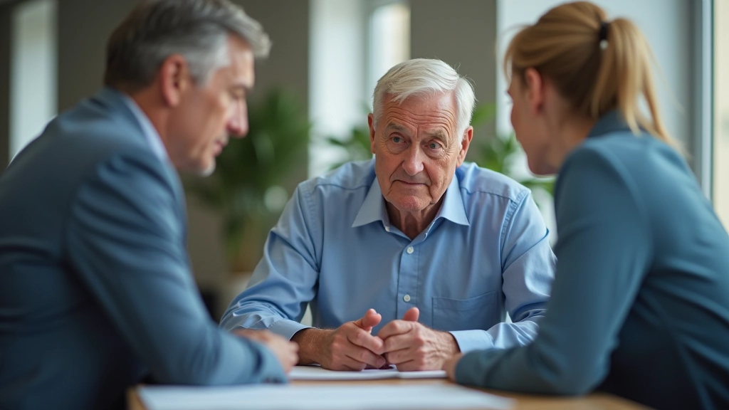 Personne âgée en consultation avec un conseiller financier, examinant des documents d'investissement