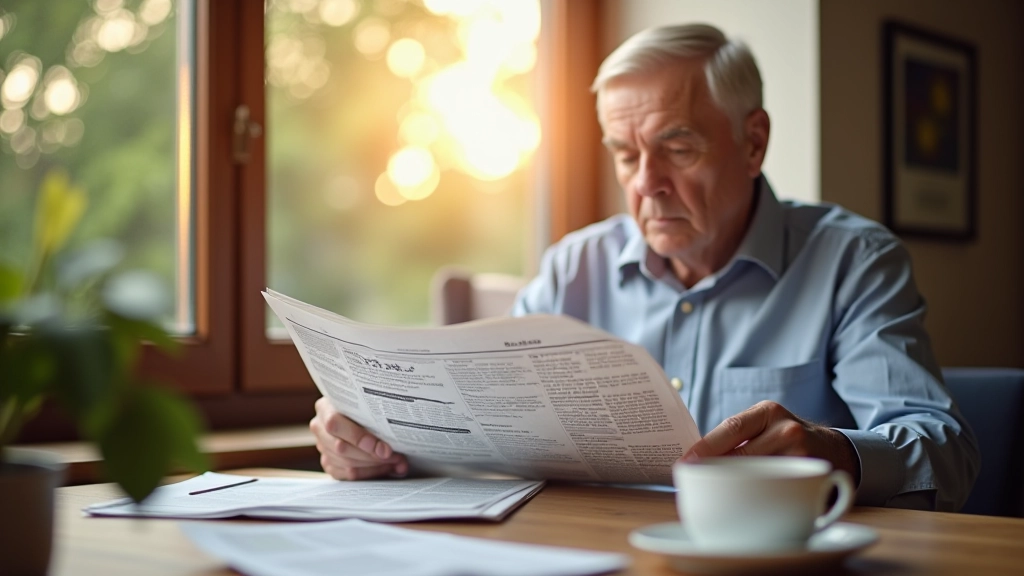 Retraité lisant un journal financier à une table avec tasse de café, documents de pension
