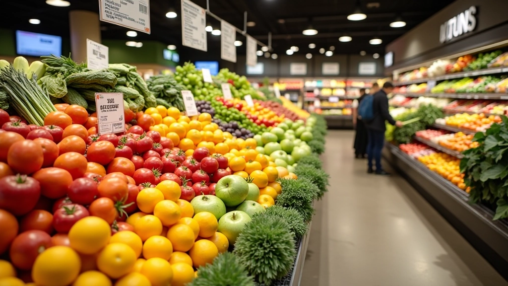 Rayon de supermarché avec fruits et légumes, étiquettes de prix visibles, produits frais