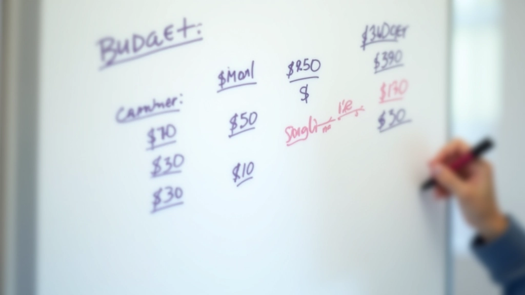 Tableau blanc avec calculs de budget mensuel, marqueur et crayon à proximité