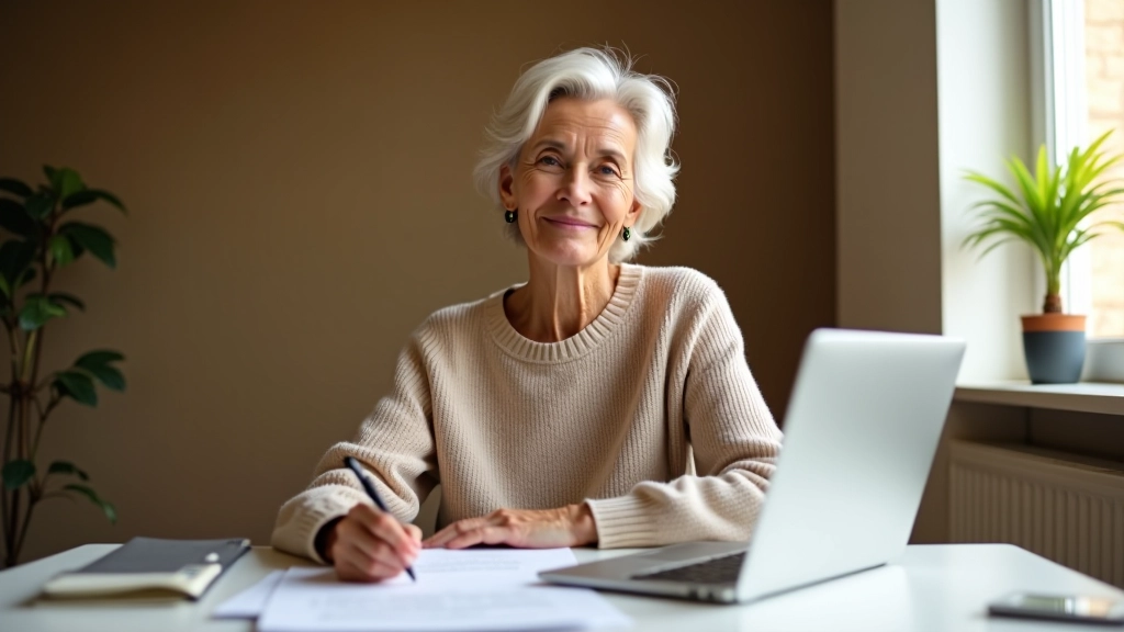 Femme retraitée souriante assise à un bureau avec ordinateur portable, stylo et documents organisés, pièce bien éclairée