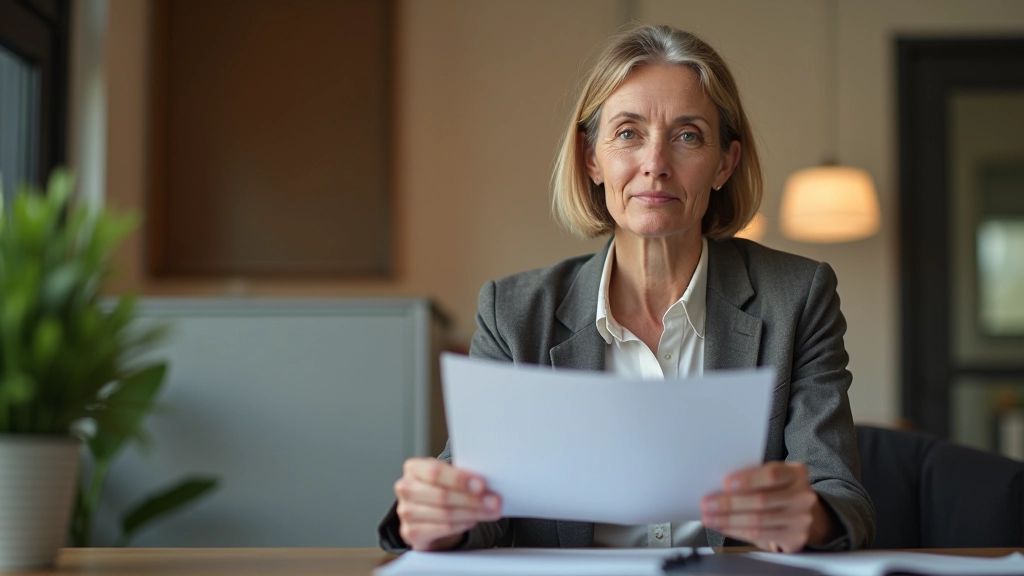 Femme consultant un document de retraite avec question mark, étudiant des informations sur les pensions