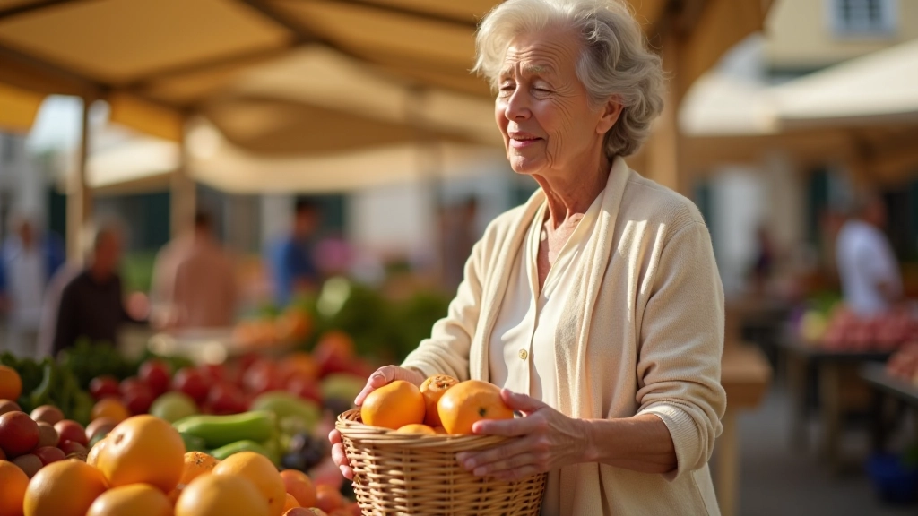 Femme retraitée faisant ses courses au marché avec un panier, examinant les prix